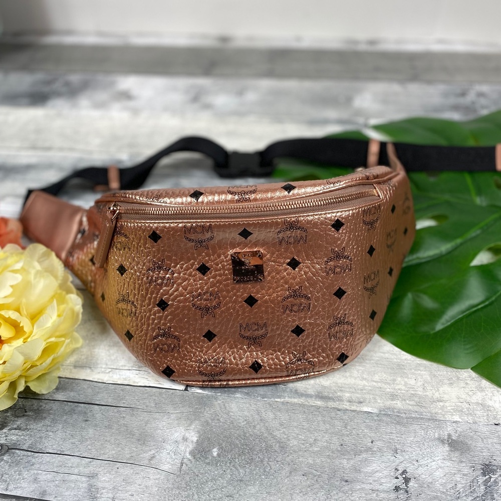 Authentic MCM Metallic Rose Gold Visetos Belt Bag